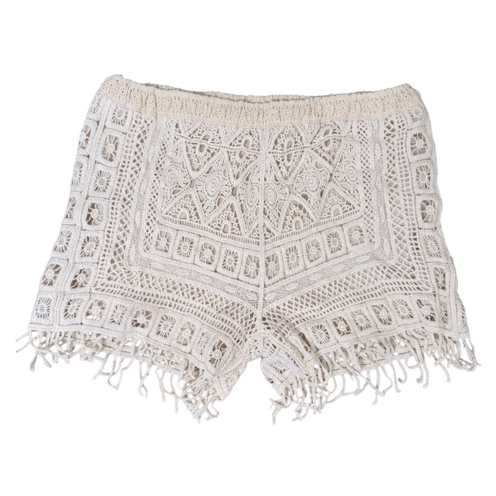 FORE Cream Crochet Fringe Shorts Boho Festival Cotton Lined Large